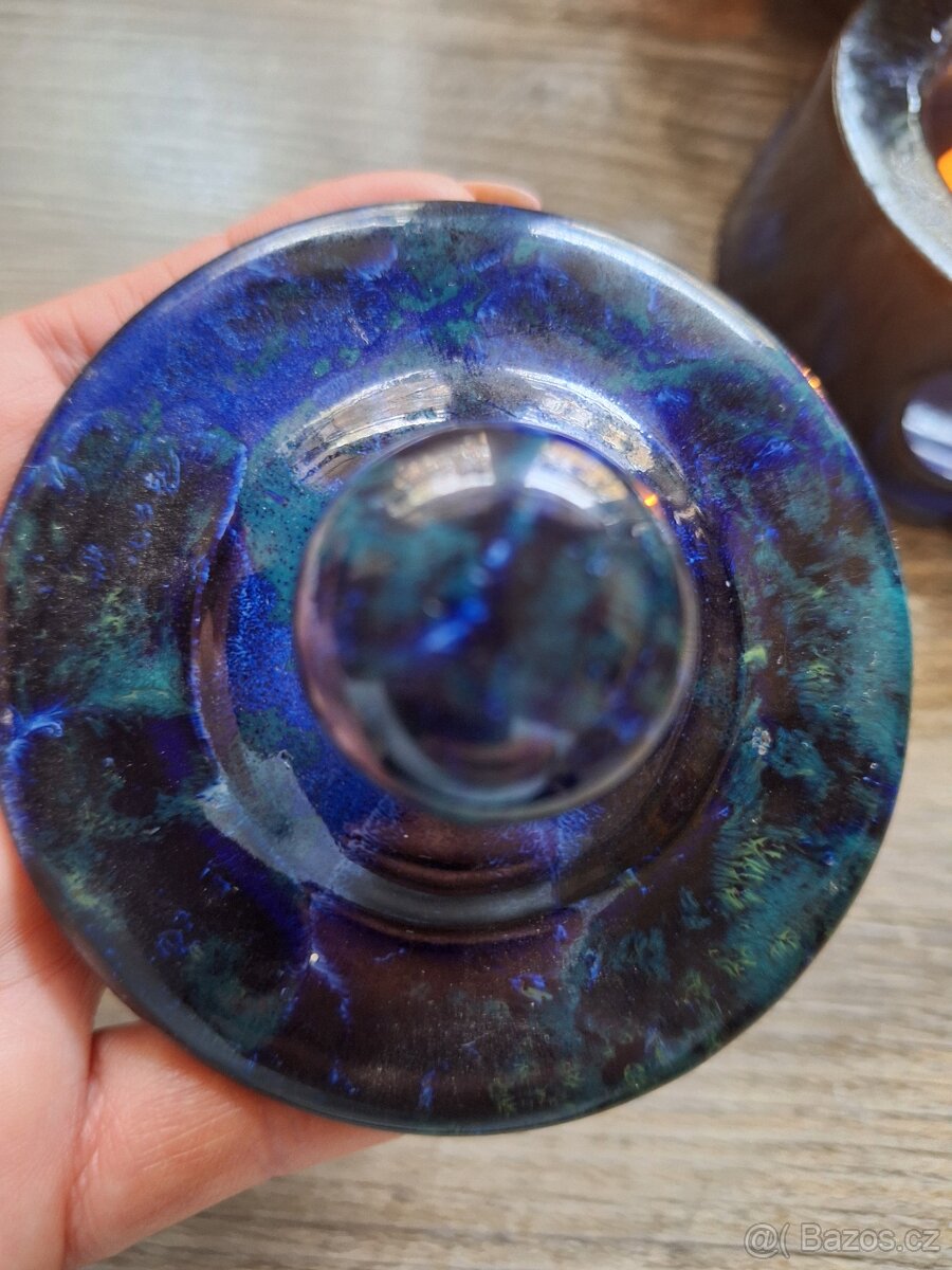 Čajová konvička s cedníkem, ohřívačem a hrnečkem, keramika - 6