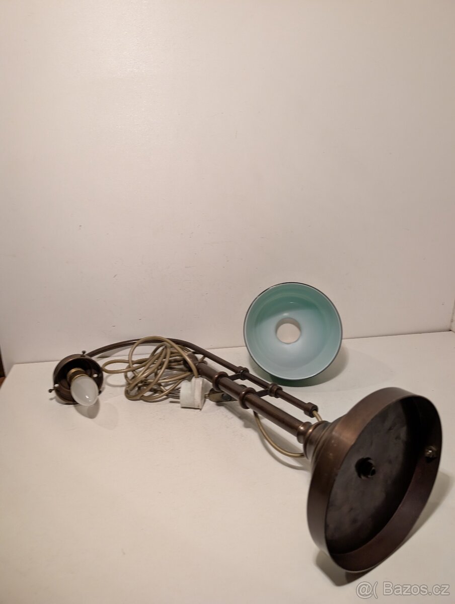 mosazná lampička, lampa, zelené stínidlo, bankéřka - 6