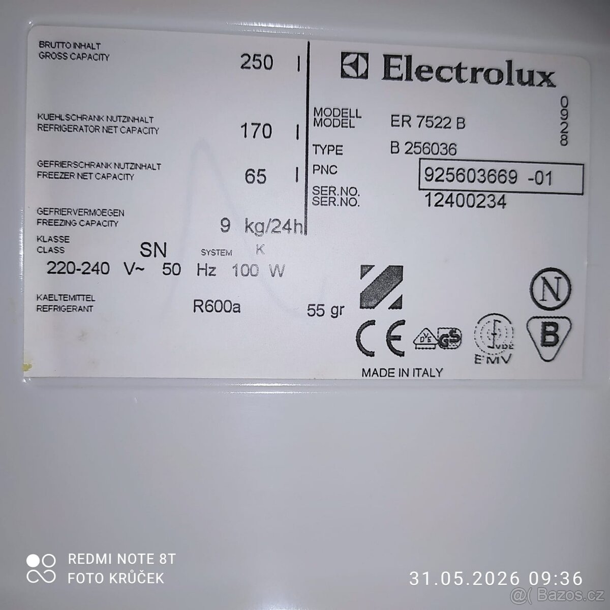 Electrolux s mražákem 250 l - 6