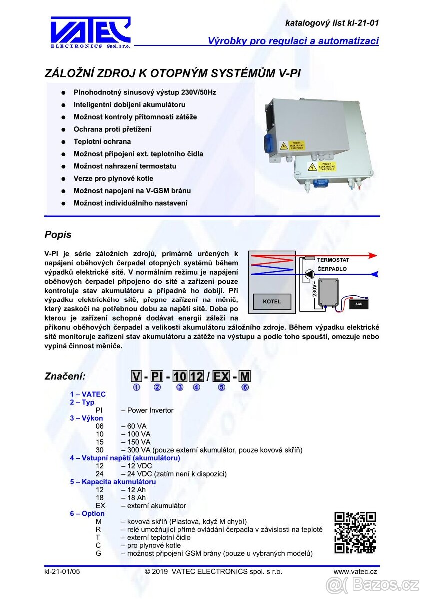 Záložní zdroj V-PI 230 V pro plynový kotel, 300 VA, 12 VDC - 6