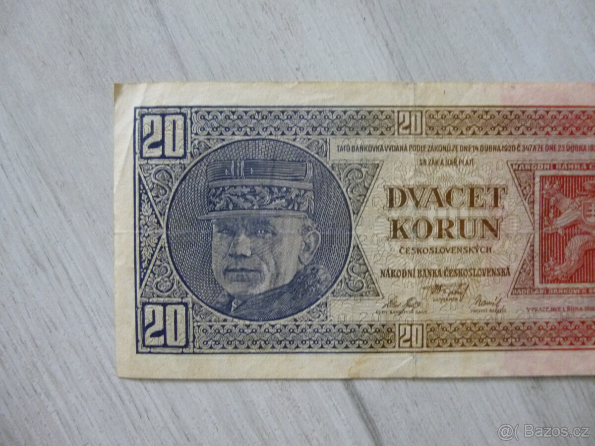Stará BANKOVKA 20 Kčs, RAŠÍN/ŠTEFÁNIK r. 1926 série Uf - 6