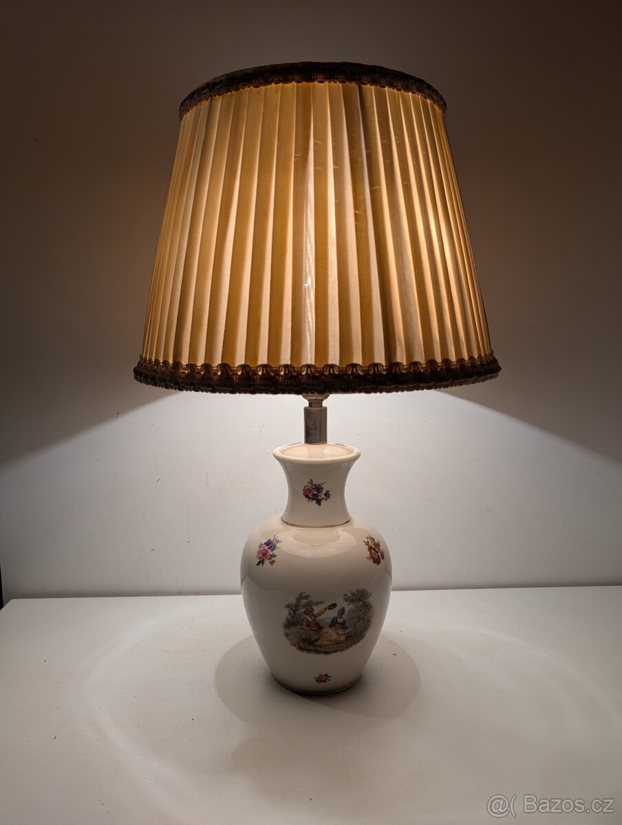 porcelánová stará malovaná lampička, látkové stínidlo - 6