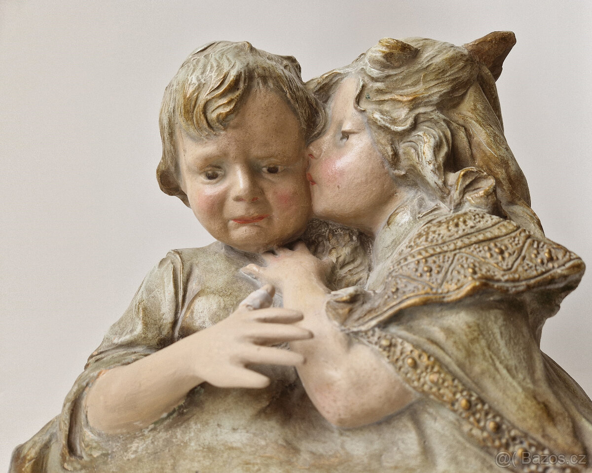 Starožitná secesní keramická socha sousoší busta děti ca1900 - 6