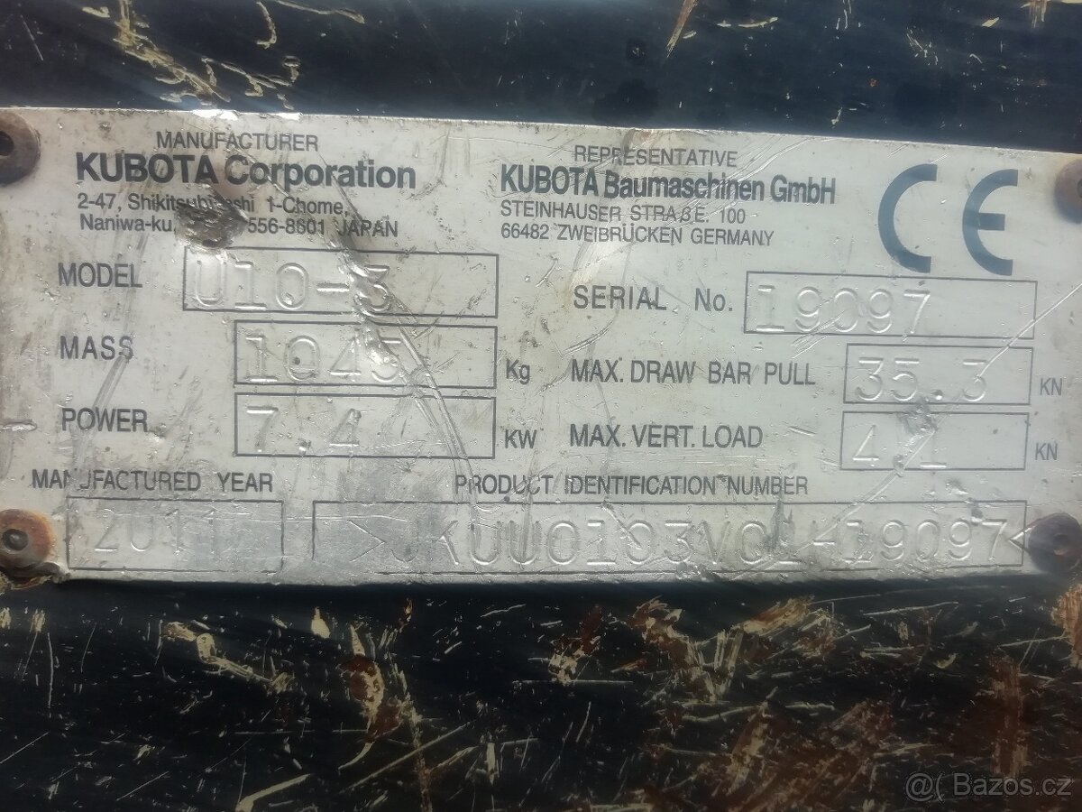 Minibagr Kubota U10-3, r.v. 2011, 2300 Mth,dvě rychlosti poj - 6