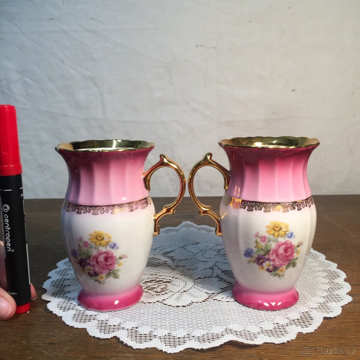 šálek pár růžový porcelán Slavkov neobvyklý tvar Top stav - 6