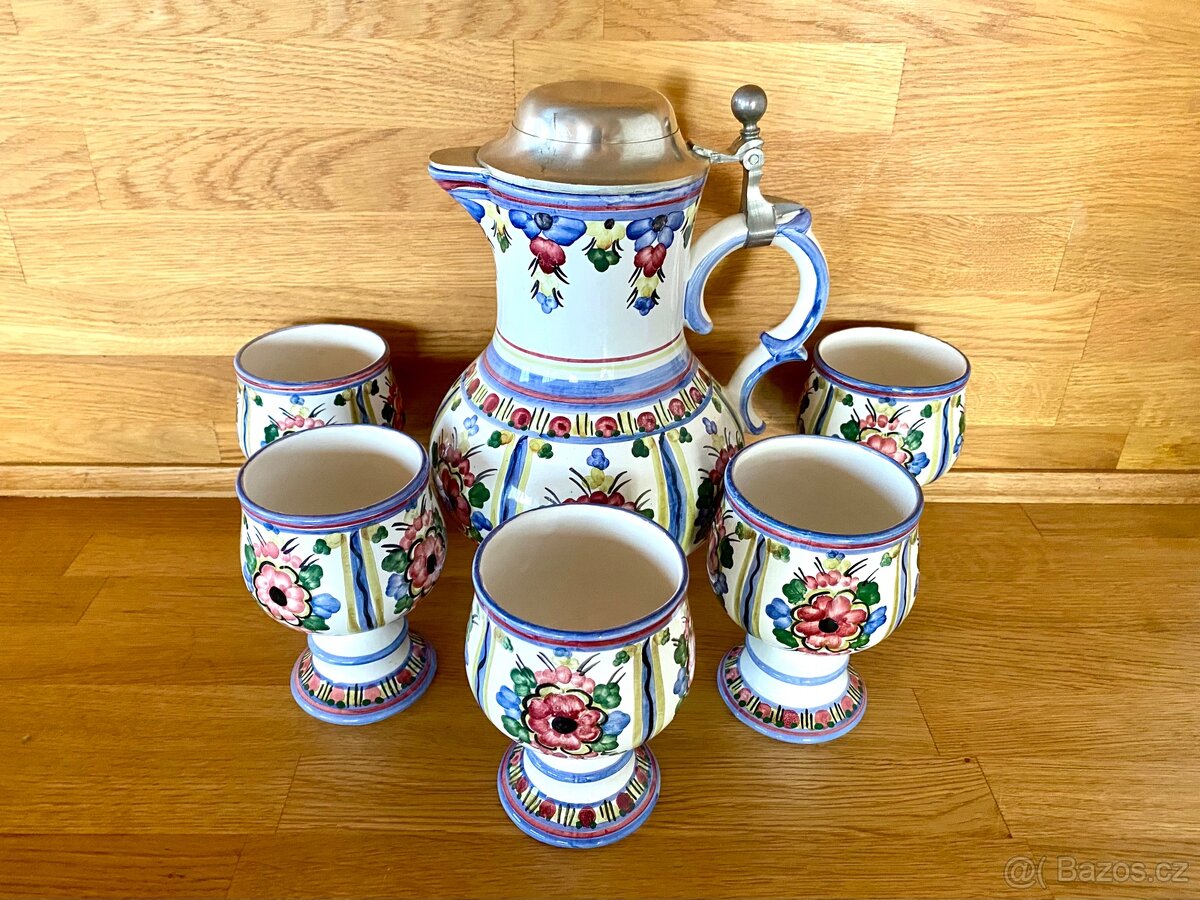 Starý velký ručně malovaný džbán s hrnky - 6