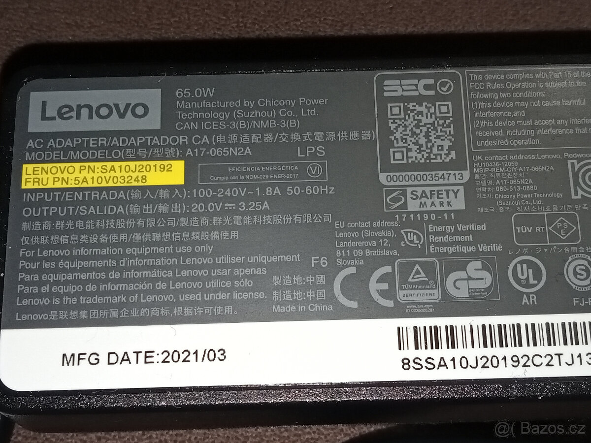 Adaptér Lenovo 65W - napájecí zdroj 20V 3,25A 65W - Originál - 6