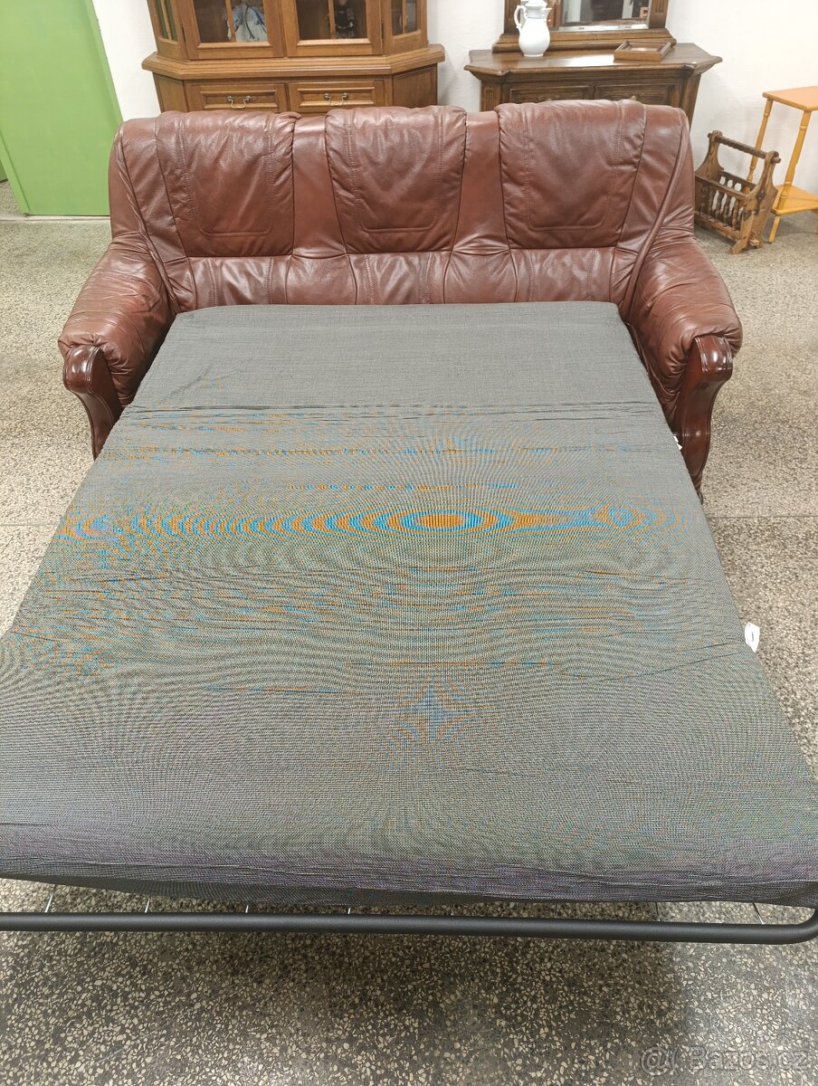 Rozkládací kožená sedací souprava, nábytek z masívu - 6