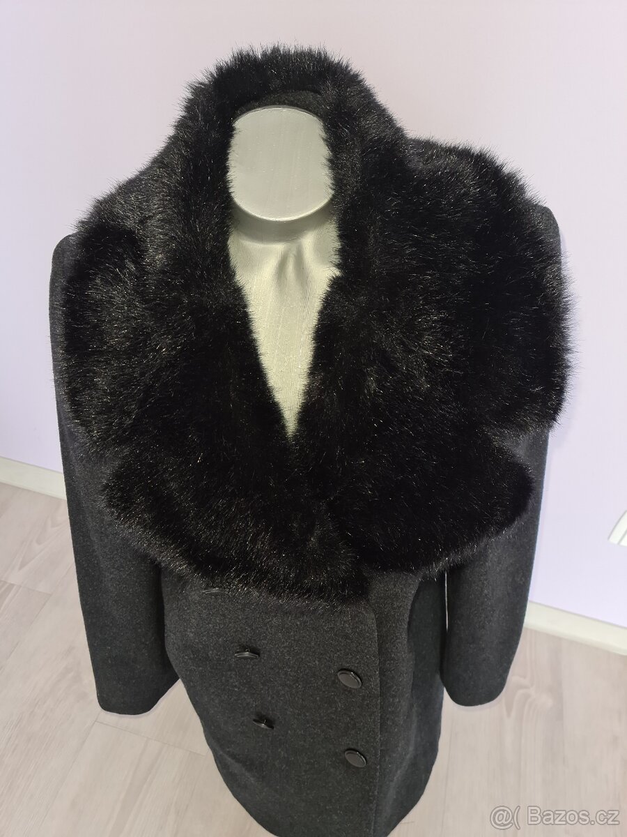 Černý kabát s kožešinou, vlna + kašmír, vel. 40 - 6
