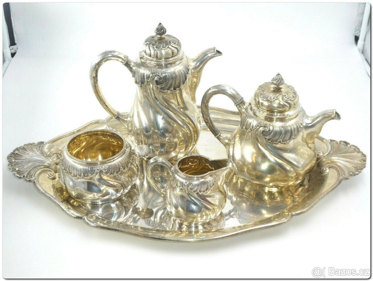 Nádherný kávový a čajový servis, stříbro 800, půlměsíc a kor - 6
