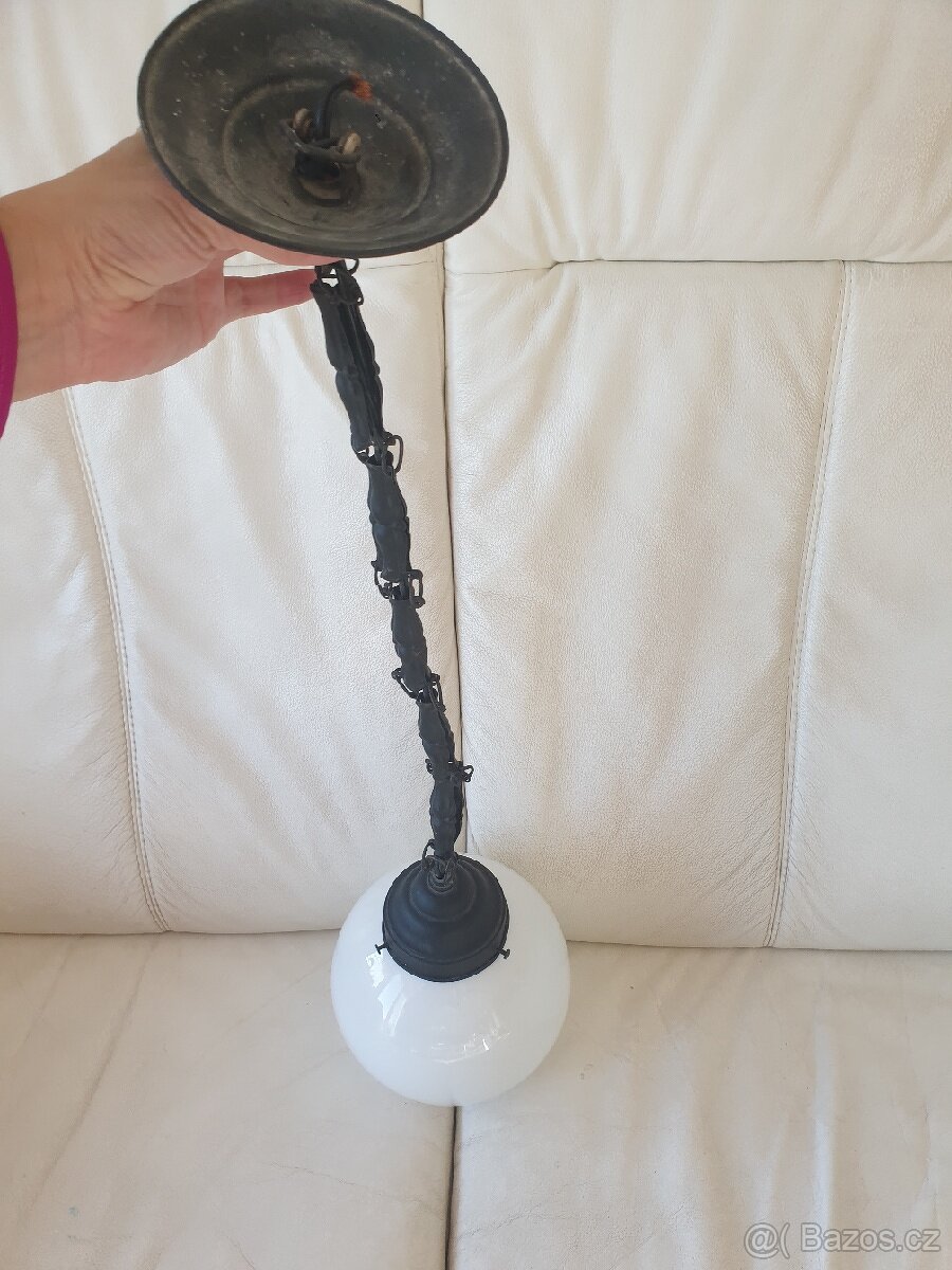 Starožitný lustr art deco bílá koule černá barva - 6