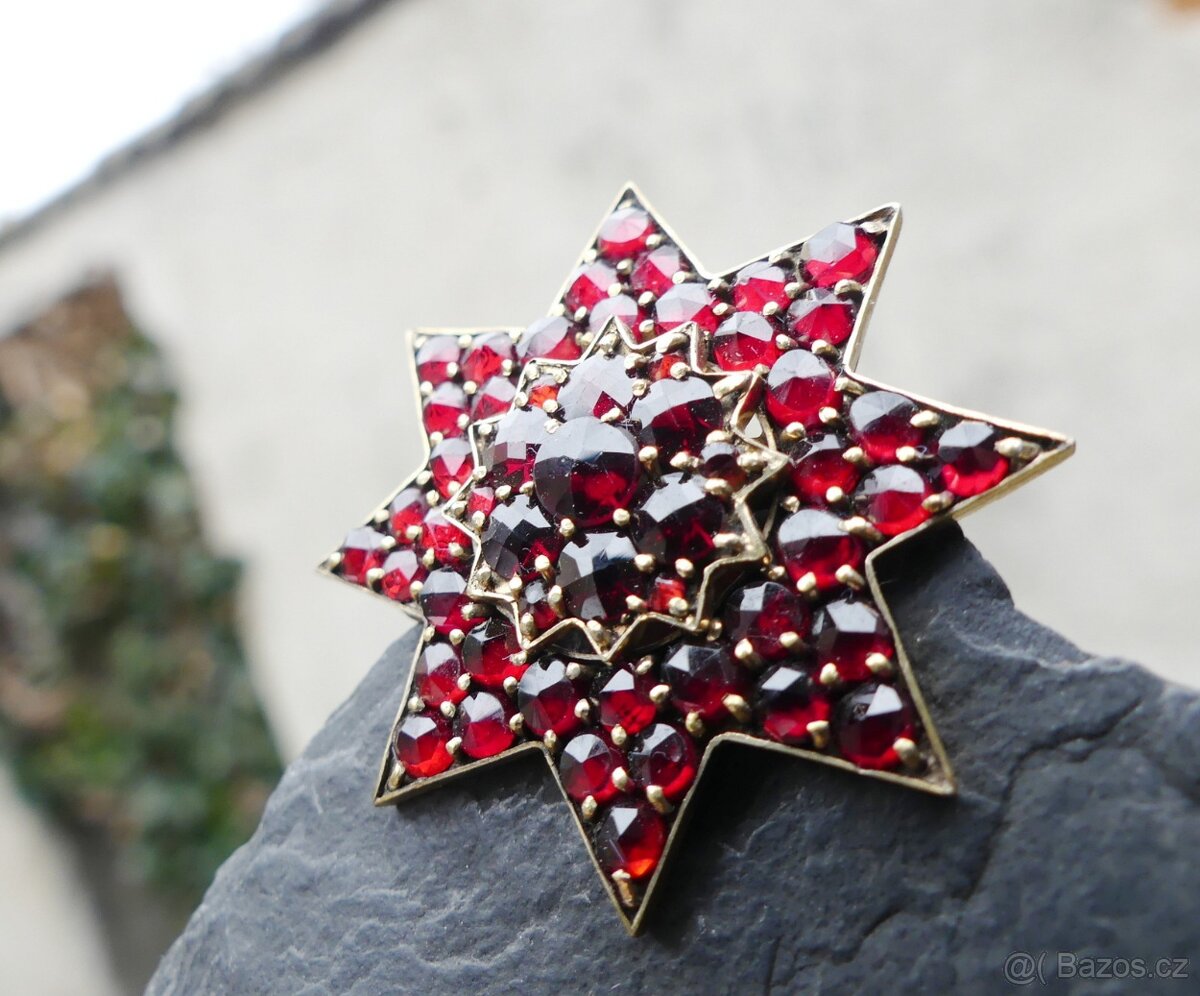 Šperky české granáty, koliér, brože, jehlice, stříbro tombak - 6