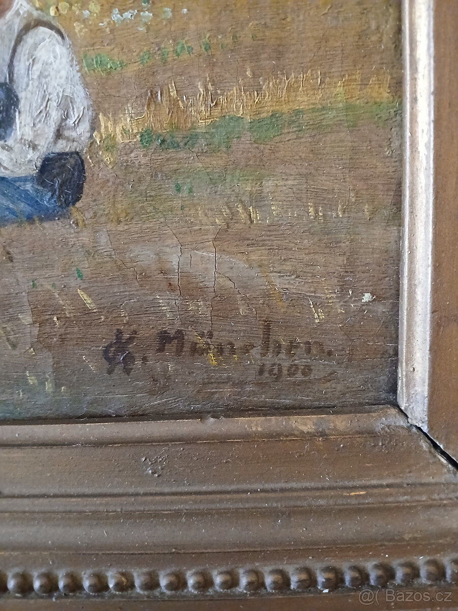 Starožitný obraz signovaný rok 1900 ze zadu štítek malíře. - 6