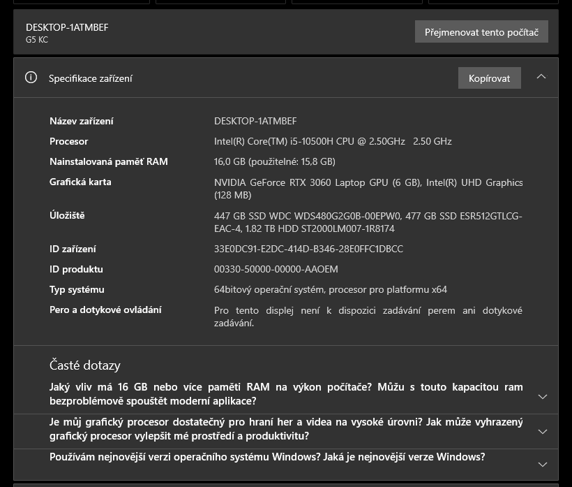 Notebook RTX3060, i5 6core, 16GB RAM, 1TB SSD, 2TB HDD - 6