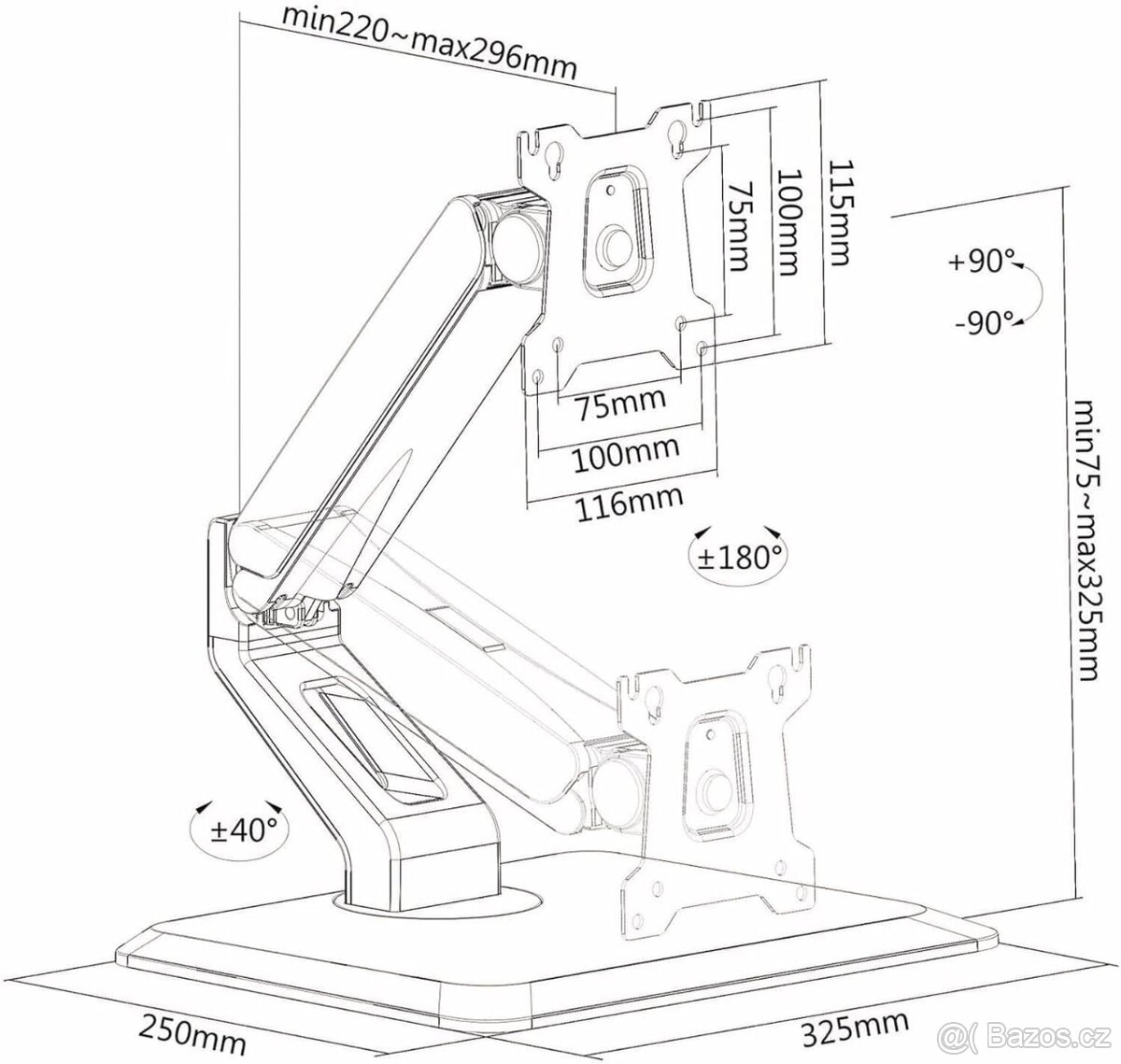 Nastavitelný držák s ramenem na monitor, VESA 100 nebo 75 - 6