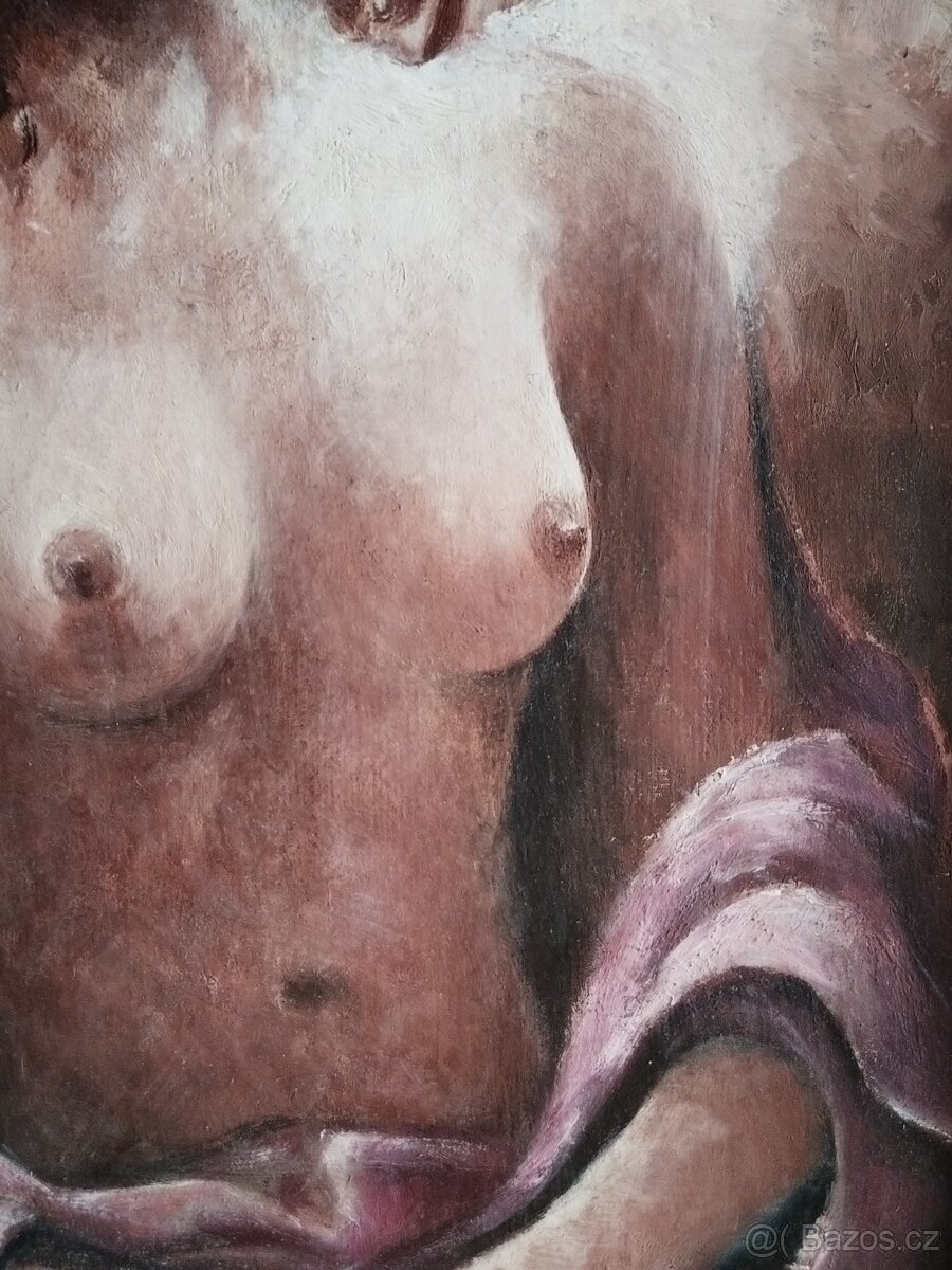 obraz DÍVKA V KLOBOUKU, akt, olej, nesignováno - 6