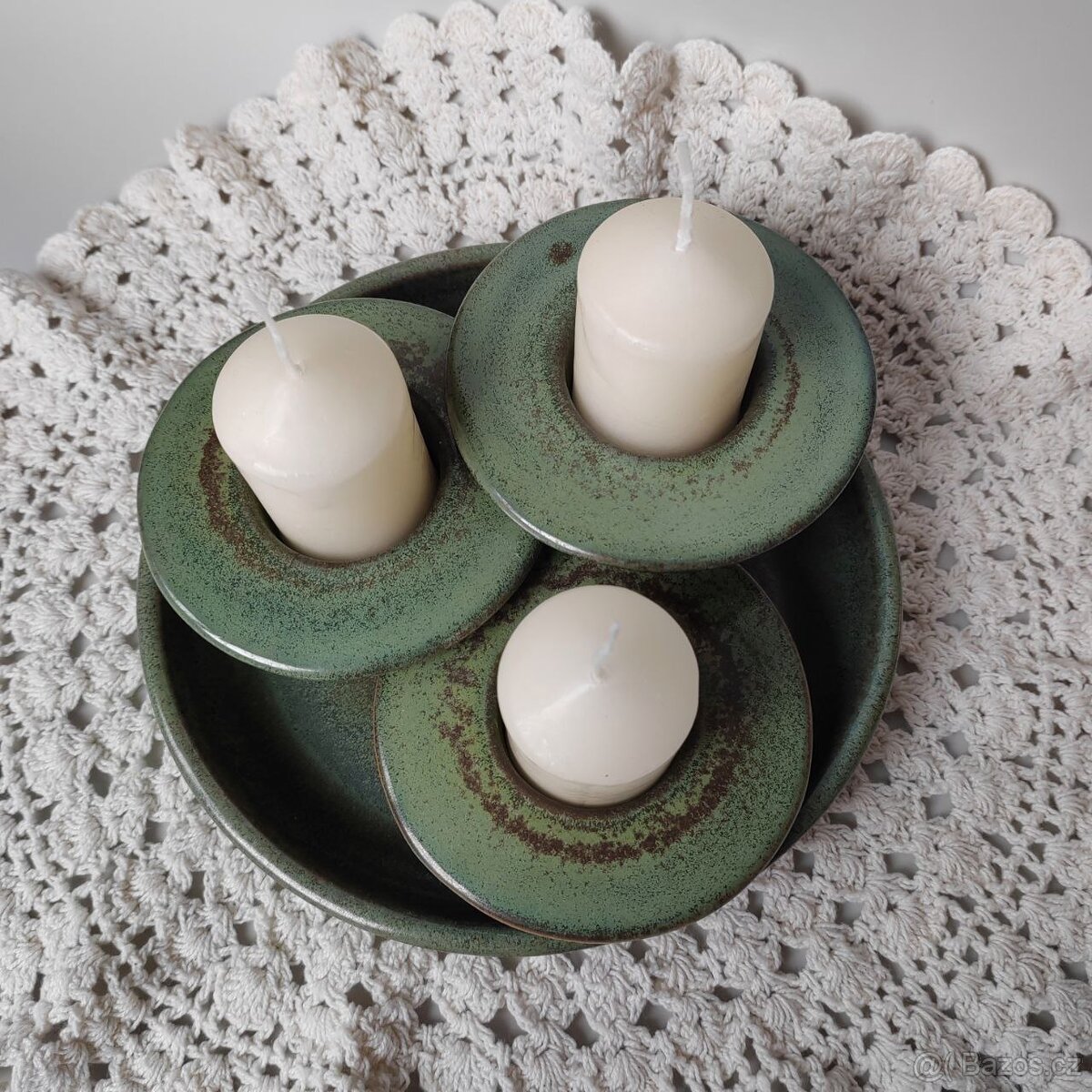 Celadon vintage zelený glazurovany keramicky svícen - 6