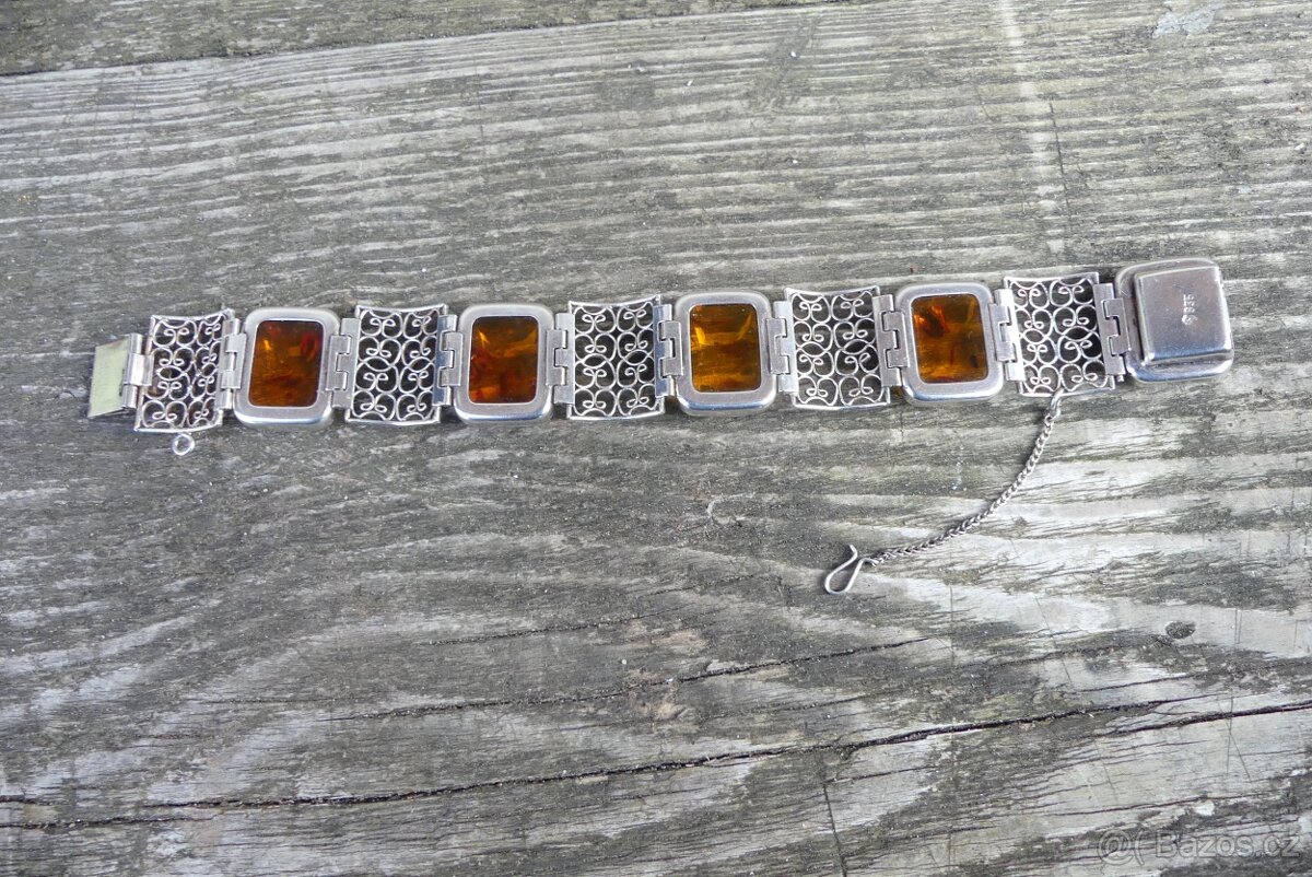 Luxusní stříbrný Art Deco náramek jantar, filigrán - 6