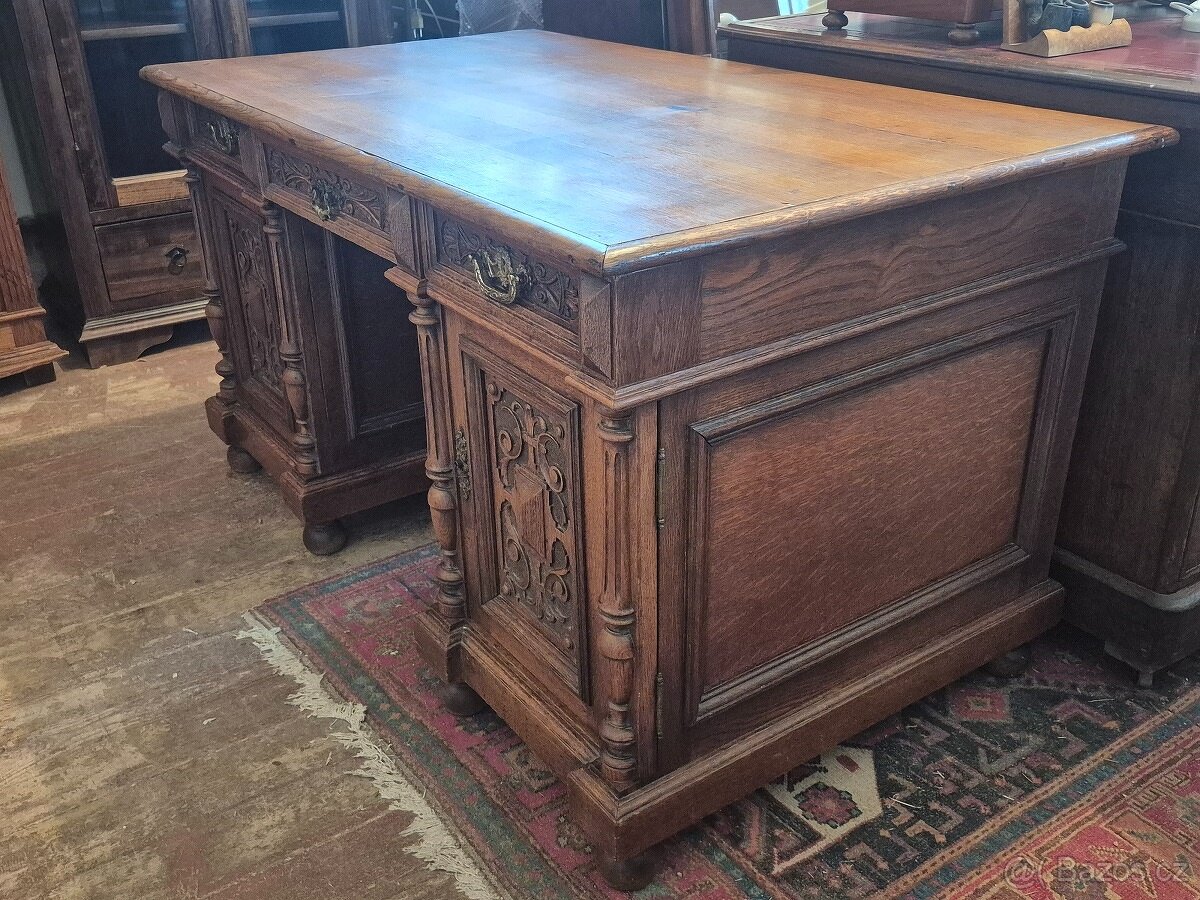 Starožitný dubový psací stůl – neorenesance do prostoru - 6