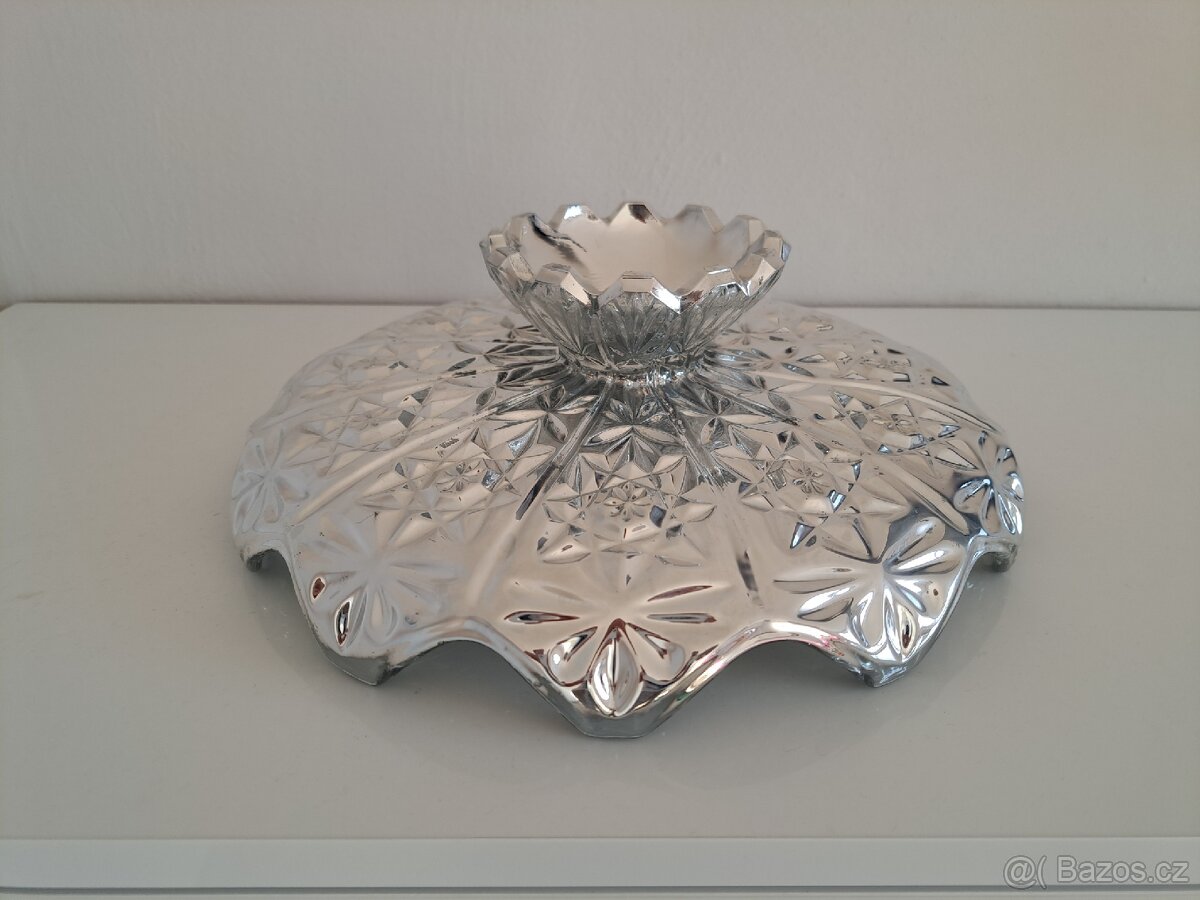 Skleněná, stříbrná retro mísa na nožce – lisované sklo - 6