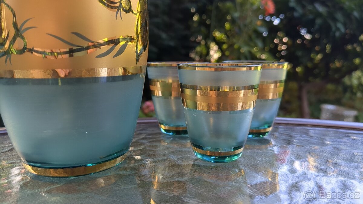 Likérová souprava - modro-zelené sklo se zlacením - 6