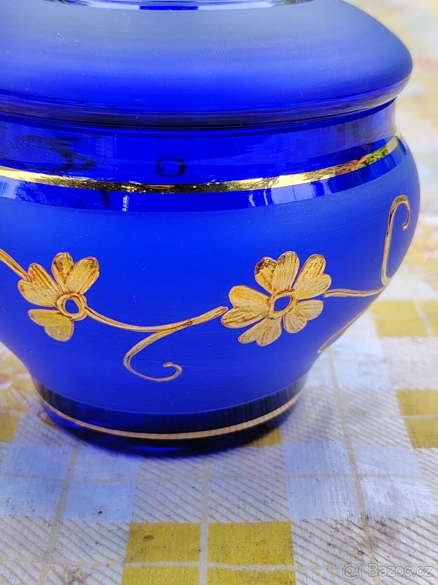 Skleněná modrá cukřenka se zlatým motivem - 6