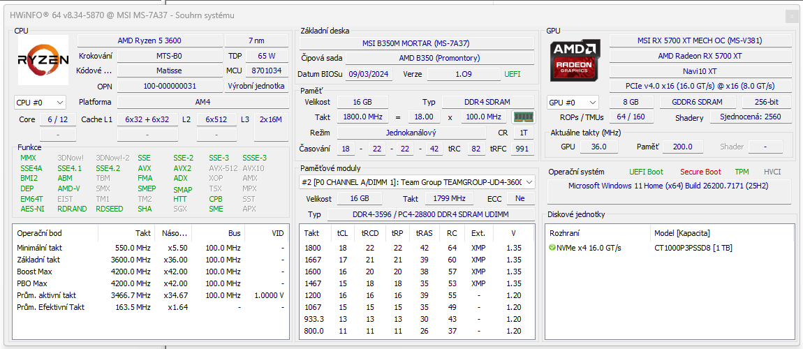 Stolní PC, Ryzen 3600, 16GB DDR4, 1TB SSD, RX 5700XT - 6