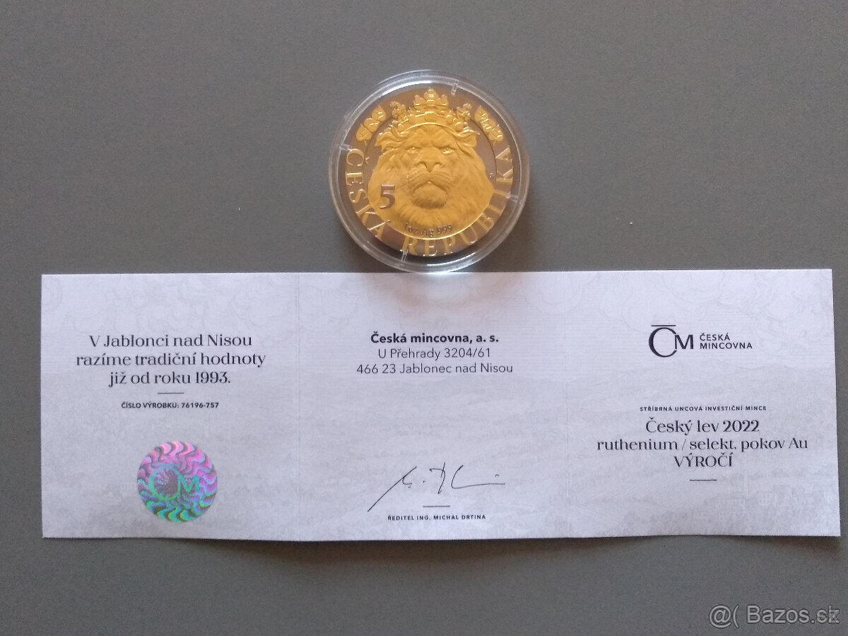 PRODÁM STŘÍBRNOU 1 Oz MINCU ČESKÝ LEV 2022 RUTHENIUM - 6