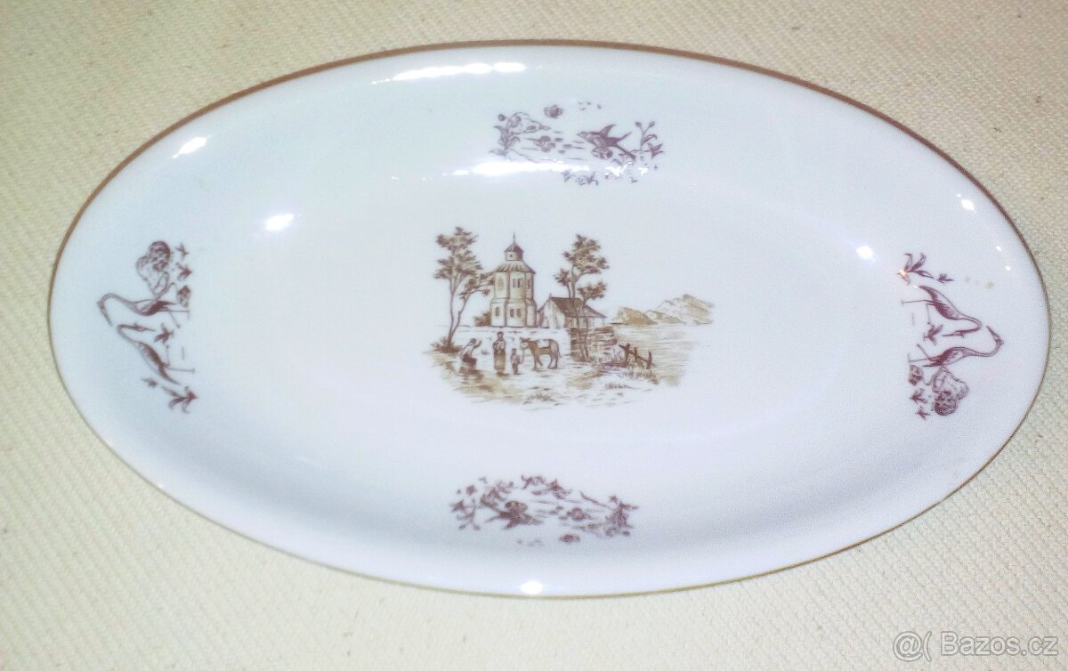 jídelní sada talířů, vzor- zátiší u kostelíku, zlacený okraj - 6