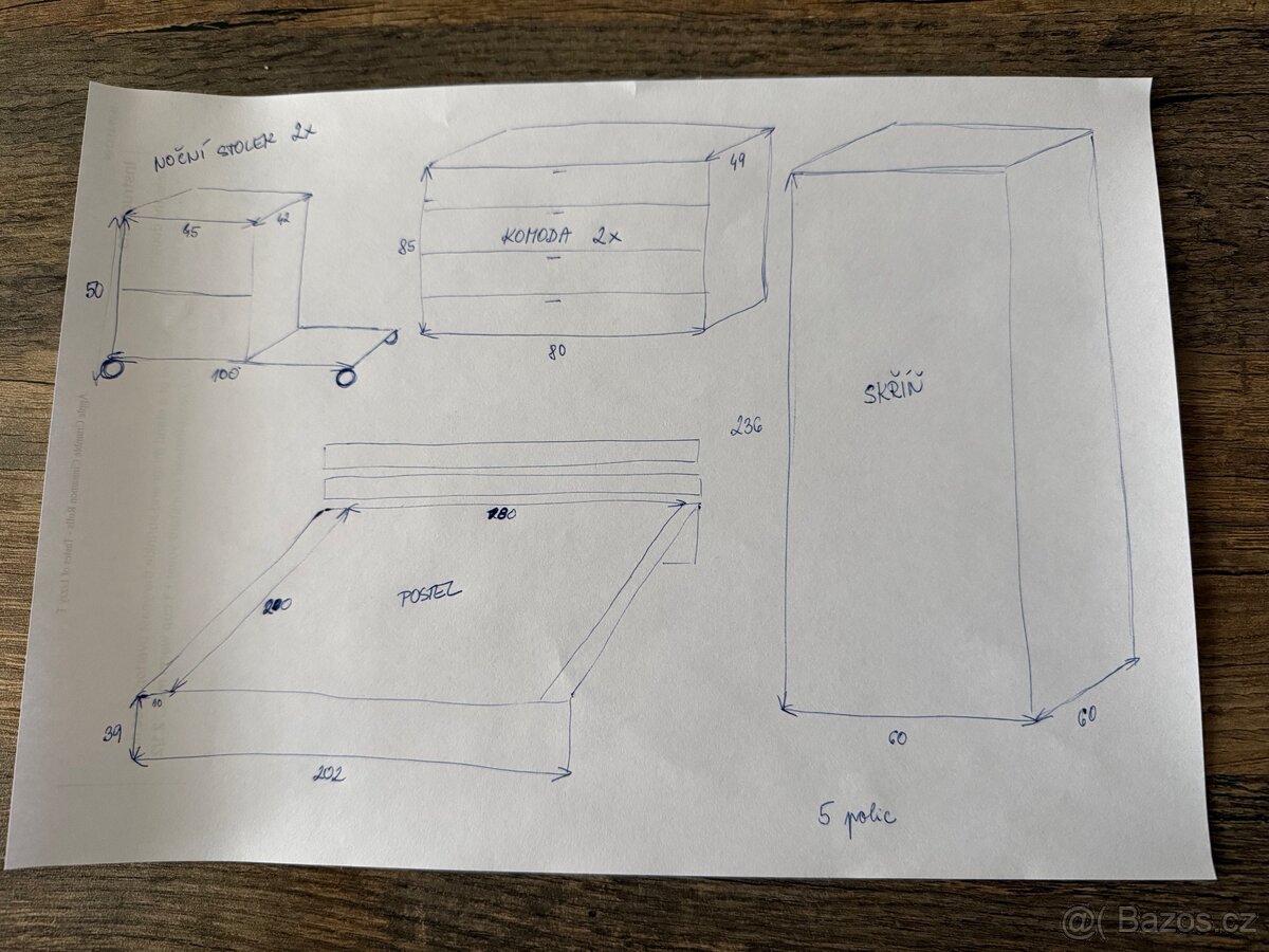 Kompletní ložnice - postel, komoda, skříň - 6