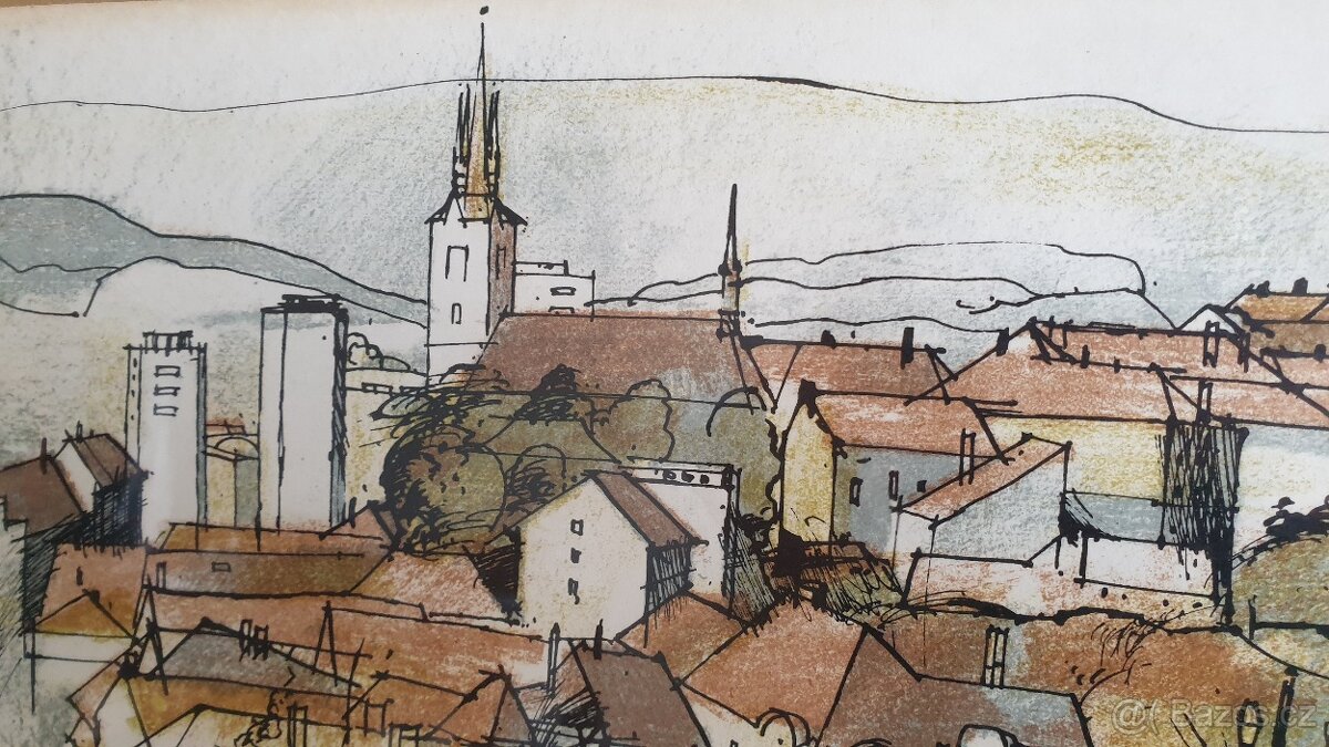 Obraz neznámé české město, tuš a pastel - 6