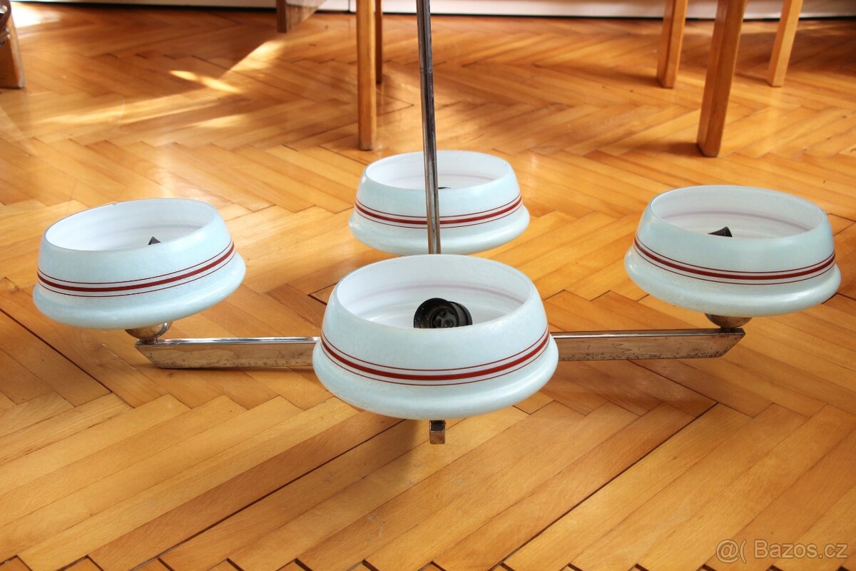 Těžký vintage kovový lustr s kubistickými stínítky - 6