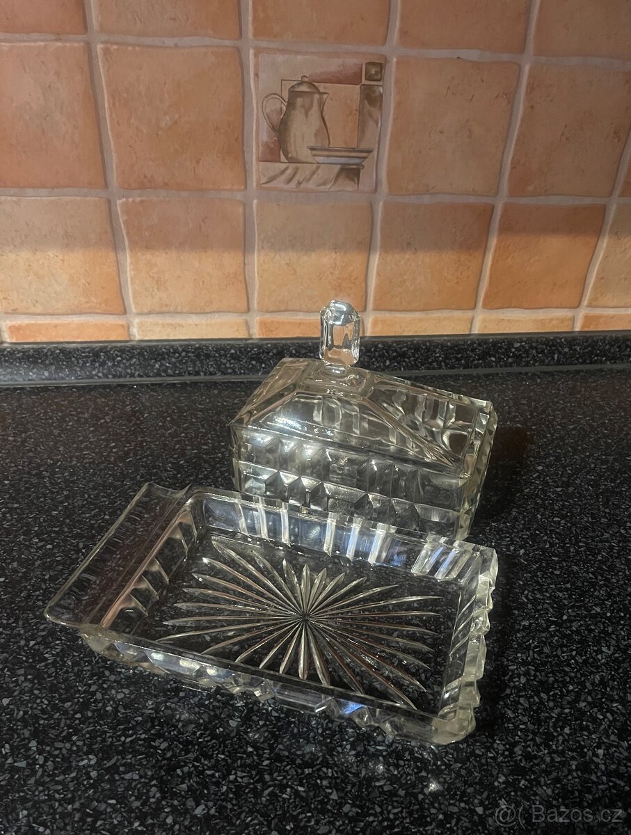 Starožitná skleněná dóza na máslo nebo dortík kremrolky atd. - 6