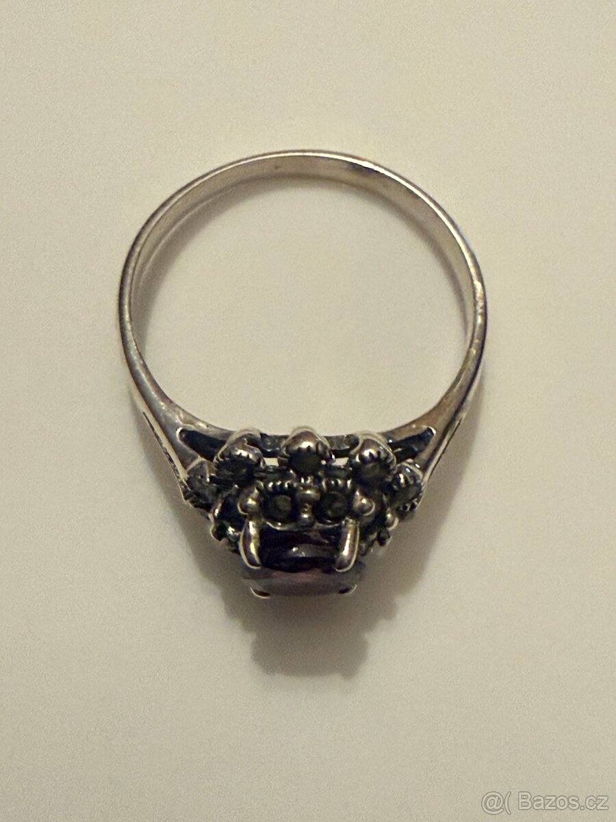 Stříbrný prsten přírodní granát, markazity - 6