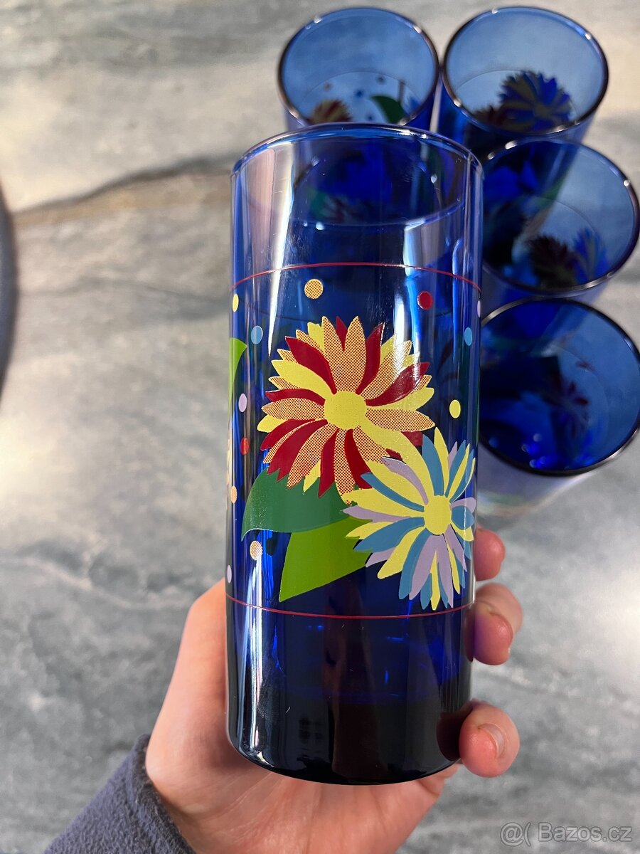 Sada 6 modrých sklenic Modré skleničky Květiny - Chvaletice - 6