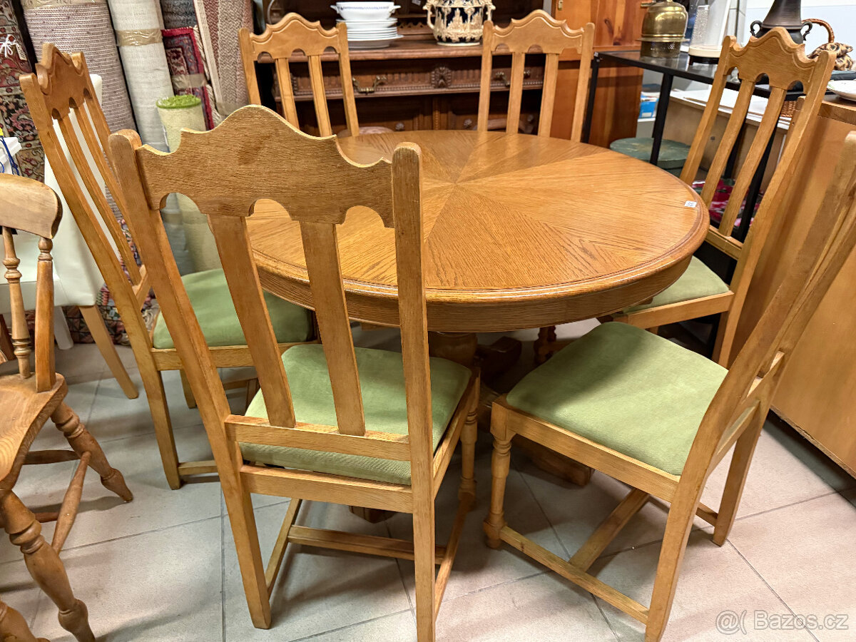 třikrát set dubový stůl se šesti židlemi - 6