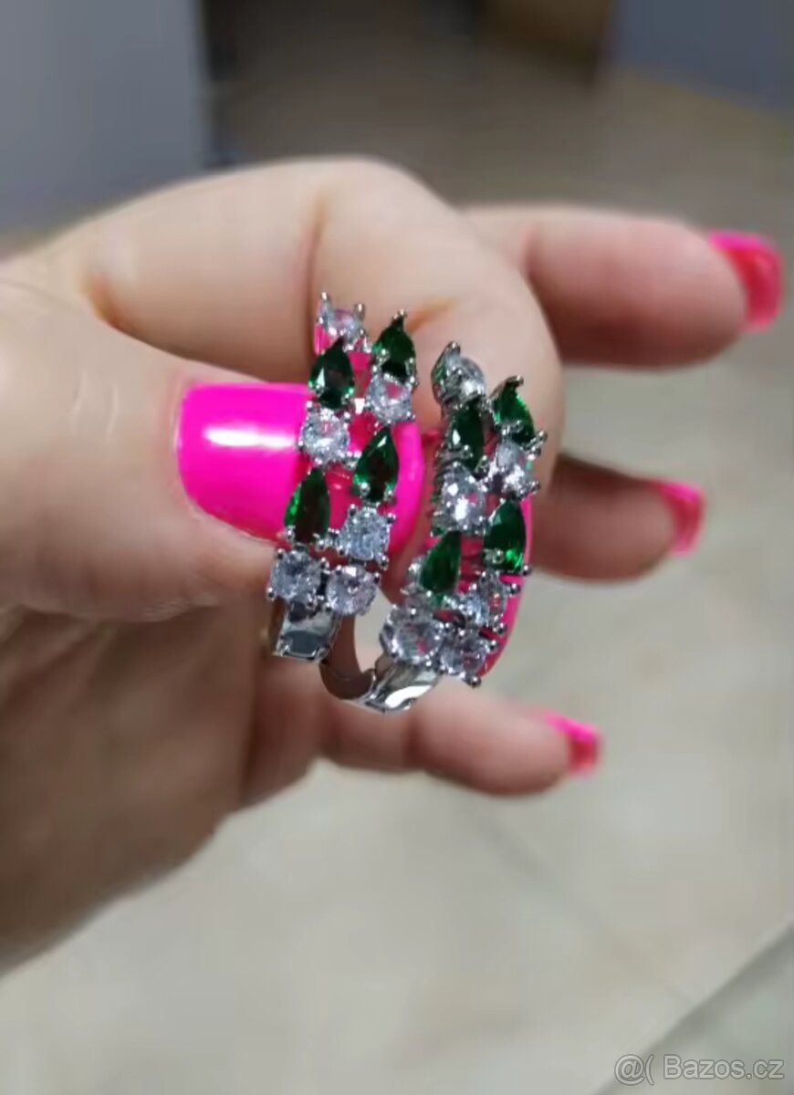 Nové dámské stříbrné náušnice zelené 925 třpytivé s kamínky - 6