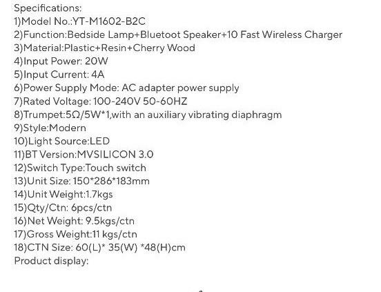 2x LED světlo na noční stolek - Bluetooth, reproduktor, nabí - 6