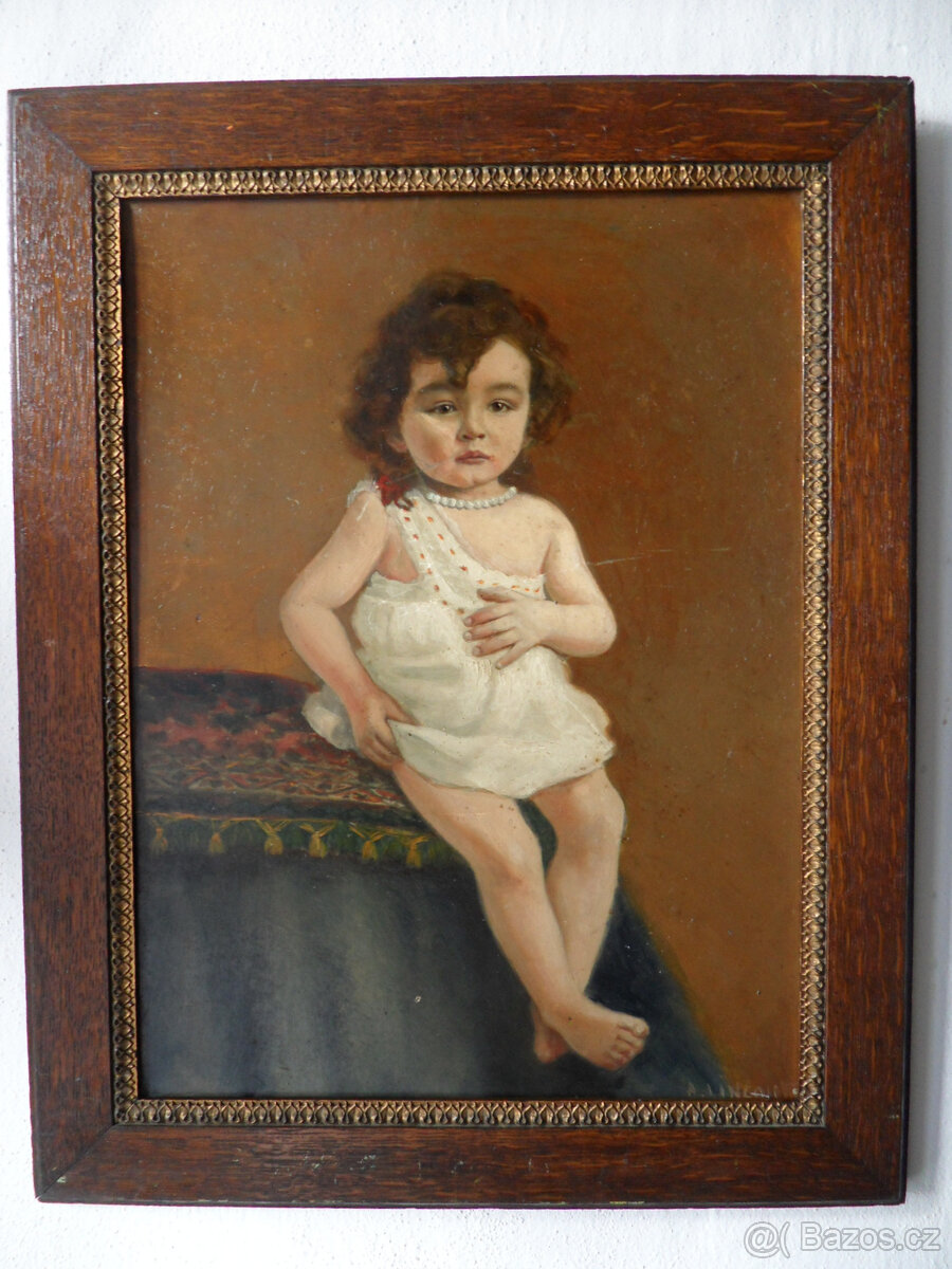Dívka, ženský portrét, starožitný obraz, olej. - 6