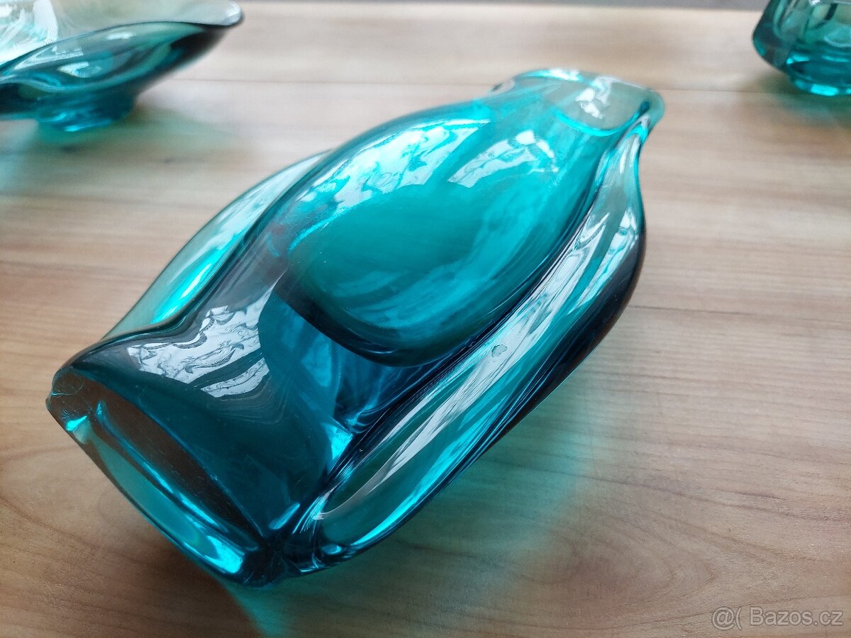Luxusní skleněná antik váza + mísa + popelník zelené sklo - 6