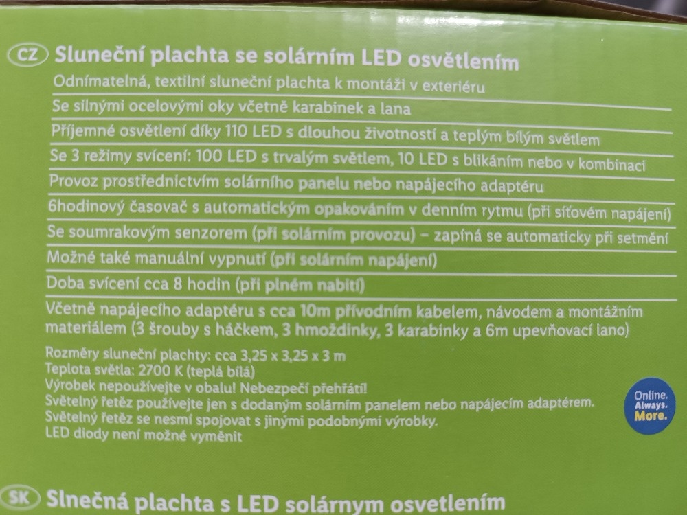 Nová stínící solární plachta s 110 LED 3,25x3,25x3m Florabes - 6