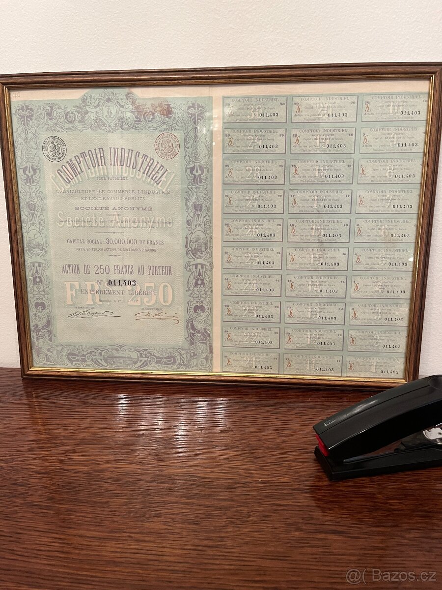 Zarámované orig. staré akcie; skvělý dárek pro právníka, eko - 6