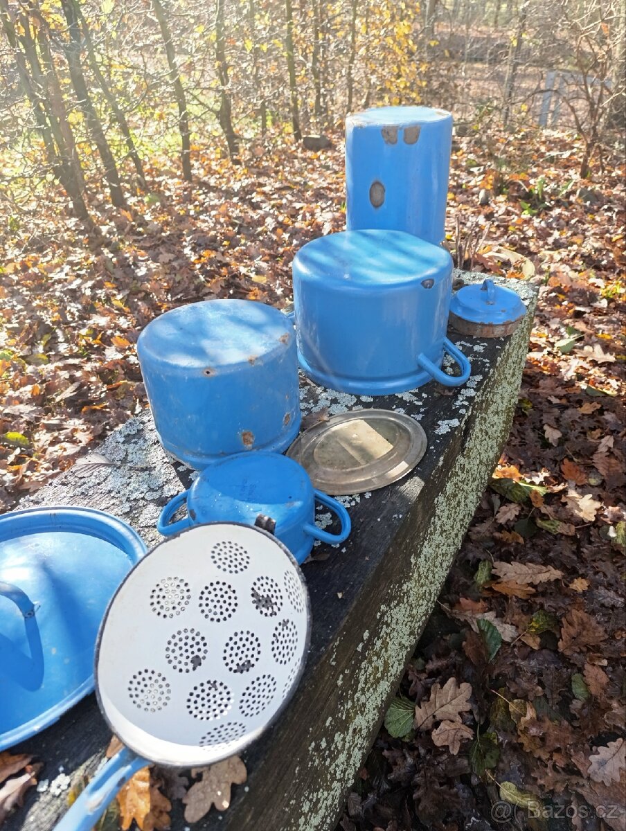 Set starý modrý smalt,secesní podnos, tácek s perletí - 6