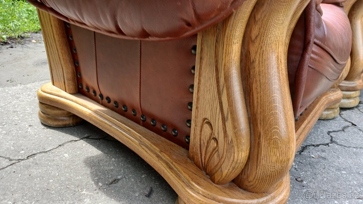 Kožená sedací souprava 3+1+1s dubovým masivním dřevem - 6