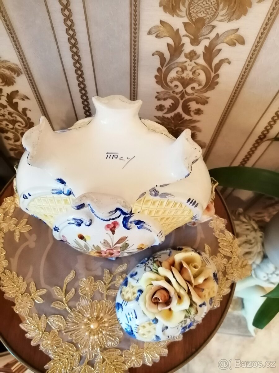 Starožitna porcelánová 2 dílna mísa, šperkovnice. Signováno. - 6