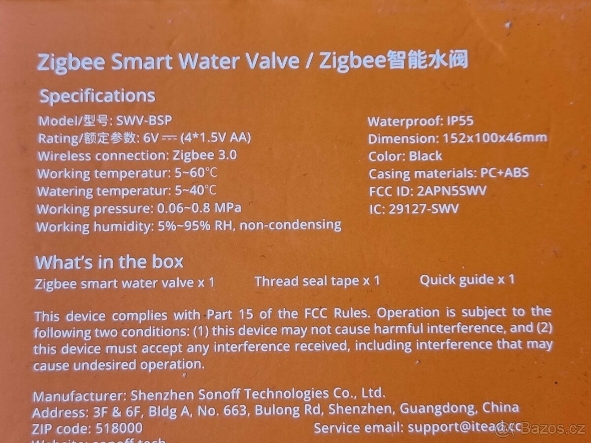 Chytrý vodní ventil / závlaha Sonoff SWV ZigBee - 6