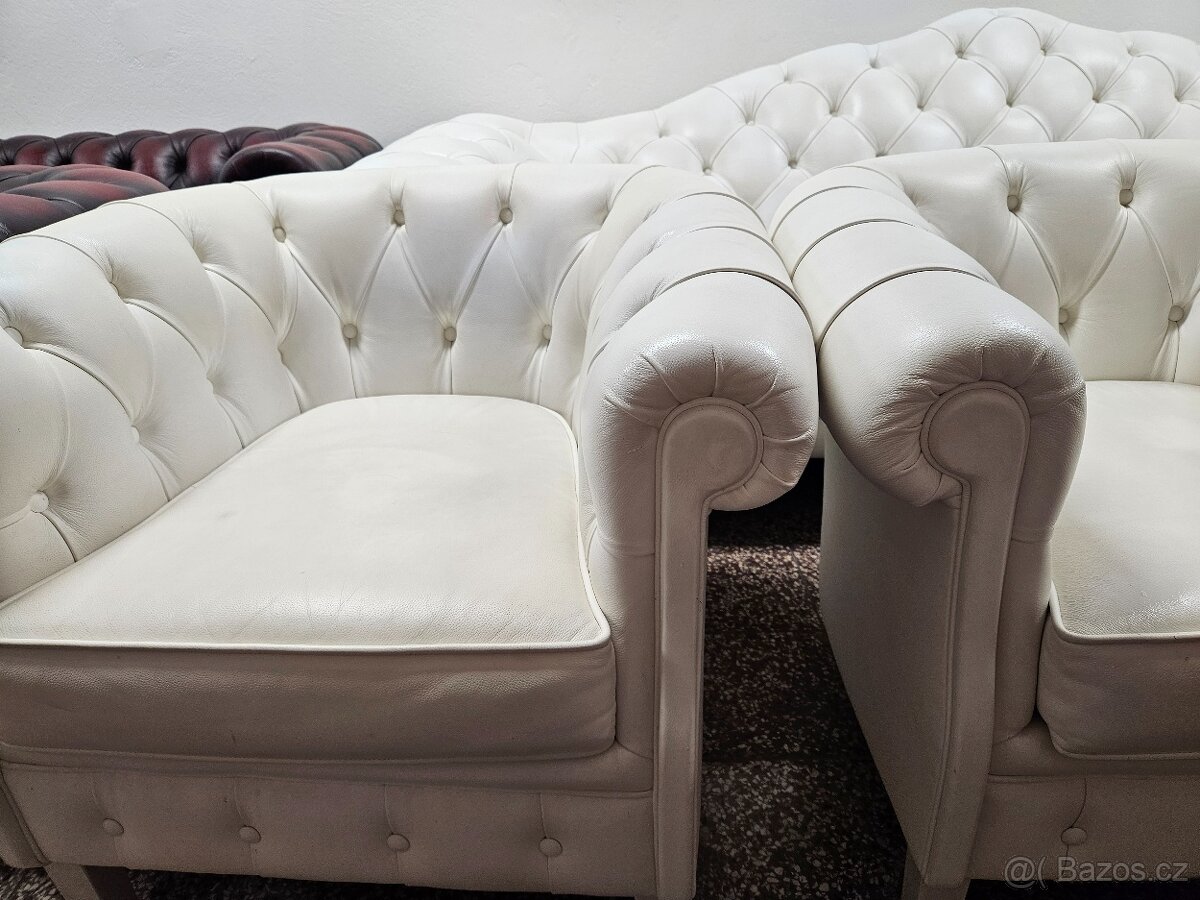 CHESTERFIELD ŠTÝL,KOŽENÁ BIELA 3+1+1+TABURET - 6