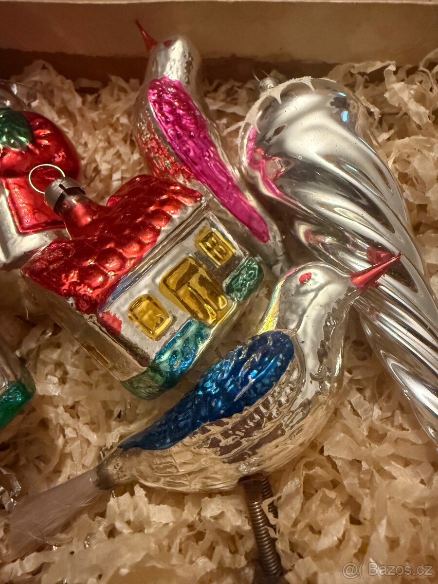 Starožitné vánoční ozdoby konvolut 8 kusů foukané sklo - 6