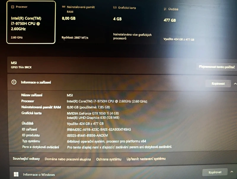 Herní notebook - MSI GF63 Thin 9RCX / i7-9750H / GTX 1050 Ti - 6