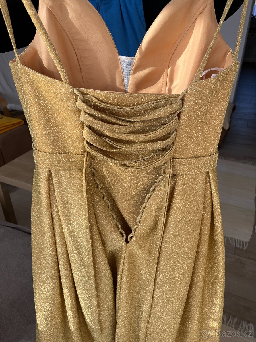 Plesové (maturitní) šaty (zlaté s flitry, vel. M) - 6
